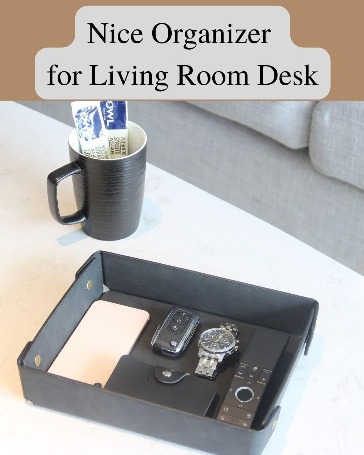Faux Leather Valet Tray Organizer for Men - Catch-All Tray for Entryway Table Key, Wallet, Watch, Coin Change, Phone, Dresser EDC Dump Jewelry, Bedside Nightstand Desk-Top
