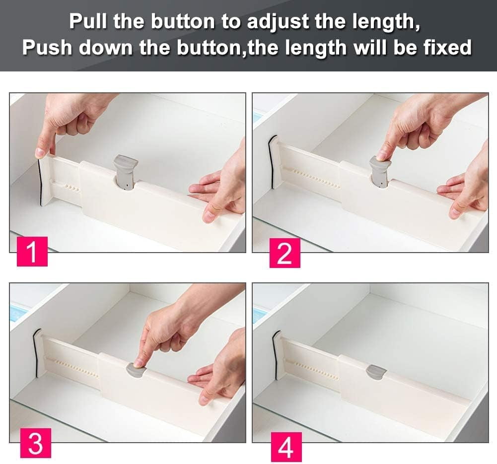 Drawer Dividers Organizer 4 Pack, Adjustable Separators 4" High Expandable from 11-17" for Bedroom, Bathroom, Closet,Clothing, Office, Kitchen Storage, Strong Secure Hold, Foam Ends, Locks in Place