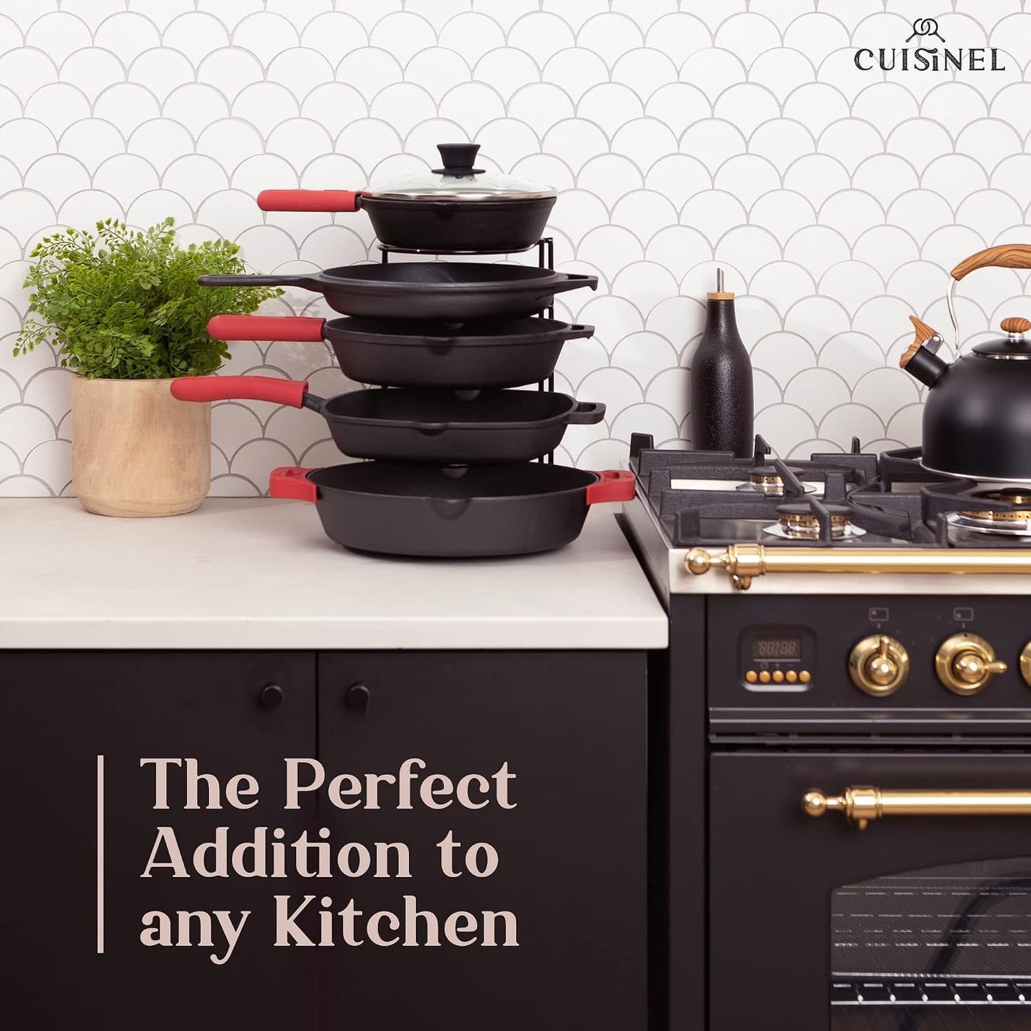 Pan Organizer for Cast Iron Skillets, Griddles, 5-Tier Rack, Black 12.2"
