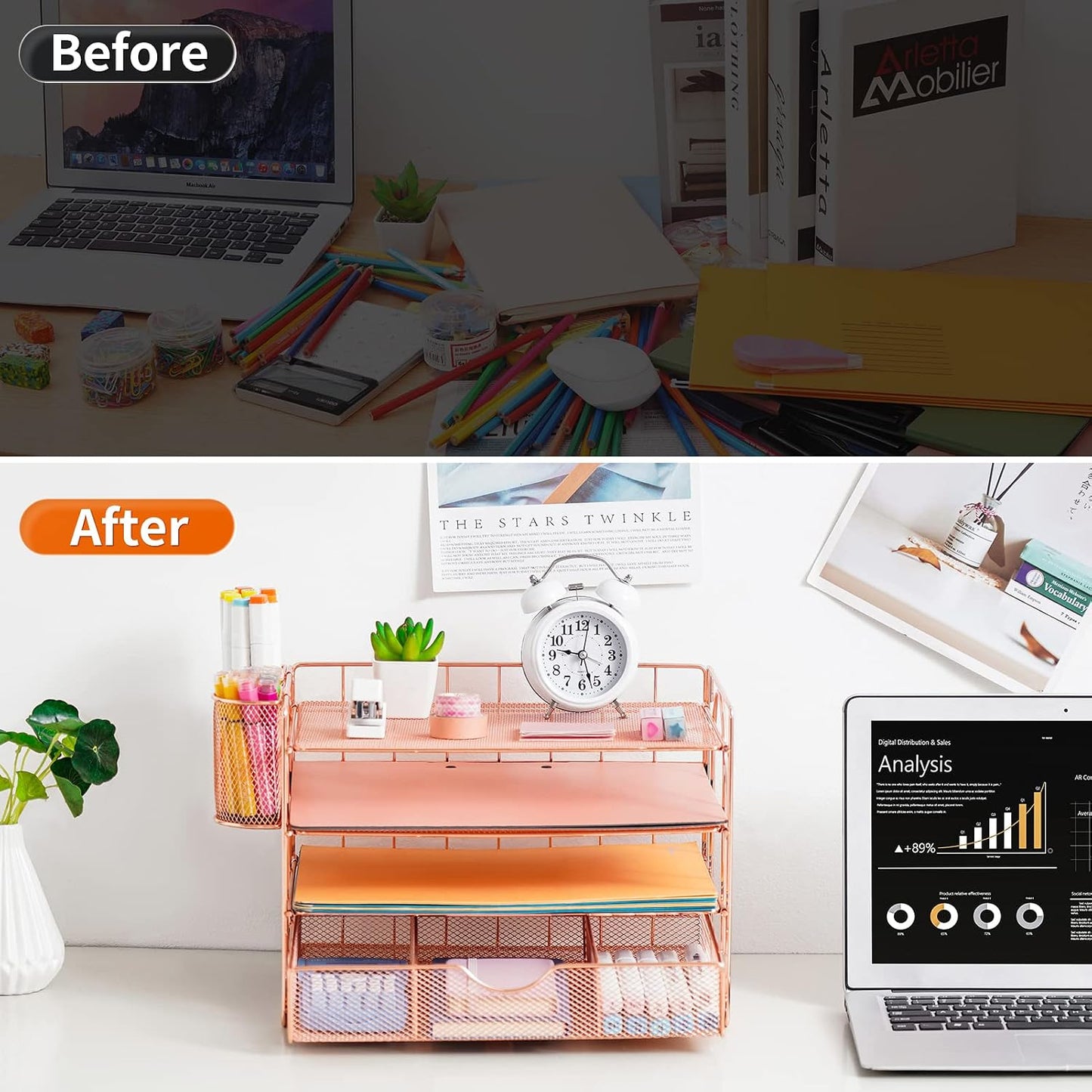 Stylish 4-Tier Rose Gold Desk Organizer with Drawer and Pen Holders - Perfect for Home, Office, and School