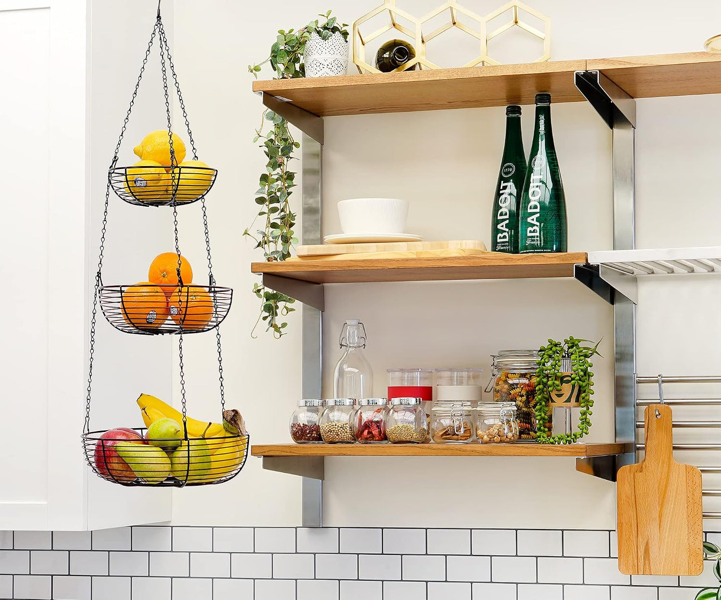 3-Tier Hanging Basket Fruit Organizer Kitchen Heavy Duty Wire Organizer with 2 Free Bonus Metal Ceiling Hooks, Black