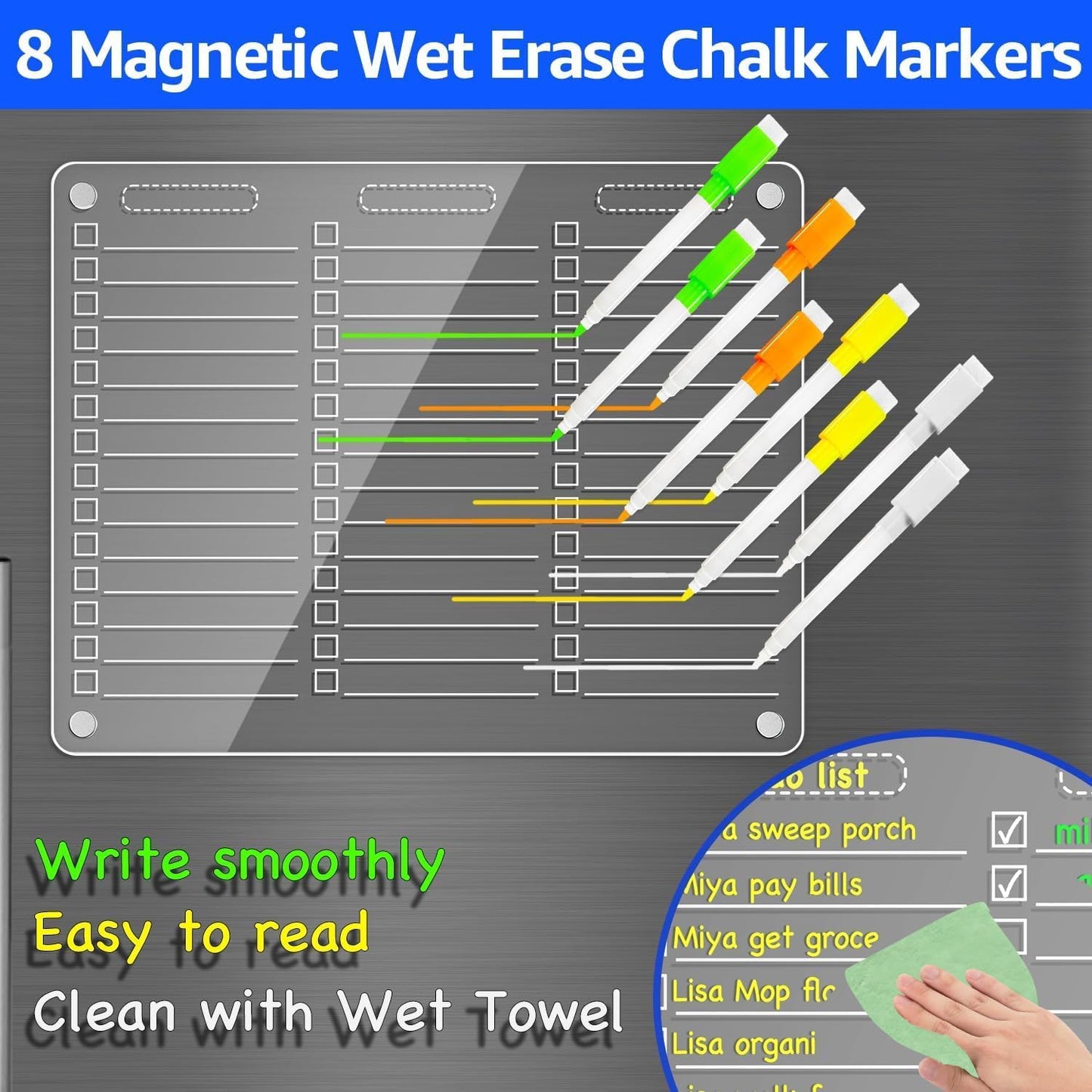 Acrylic Magnetic to Do List Whiteboard for Fridge, 12X9.5 Inch | 3 Columns Clear Dry Erase Board for Tasks and Notes; Fits Curved Doors; Embedded Magnets; 8 Wet-Erase Markers and Towel