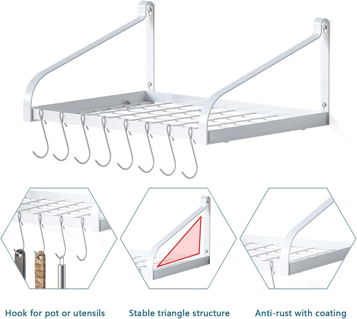 Pot Rack Wall Mounted Set of 2 Pan Pot Organizer Wall Shelves with 16 Hooks for Kitchen Cookware Utensils Organization White