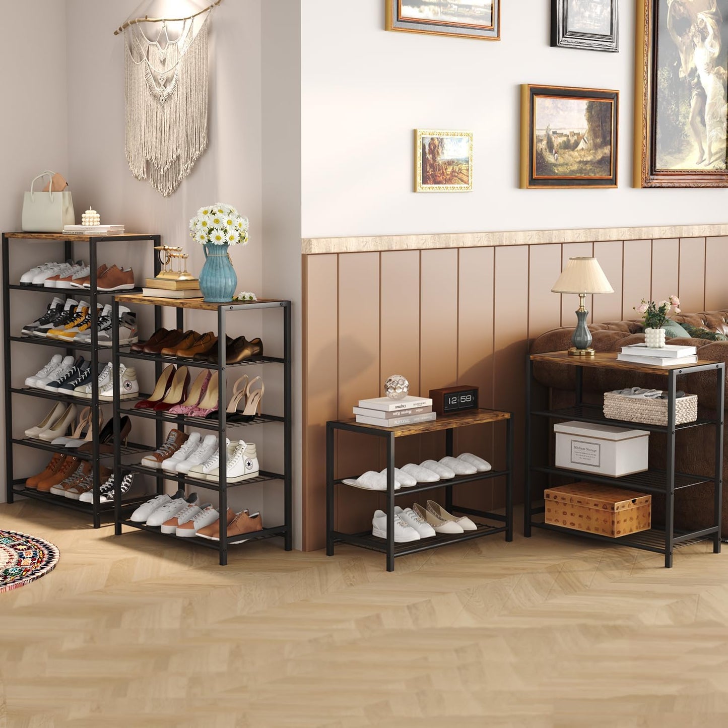 4-Tier Shoe Rack Organizer, Shoe Tower for Closet, Shoe Storage Shelf with MDF Top Board, Each Tier Fits 3 Pairs of Shoes, Entryway Shoes Organizer with Sturdy Metal Shelves, Rustic Brown