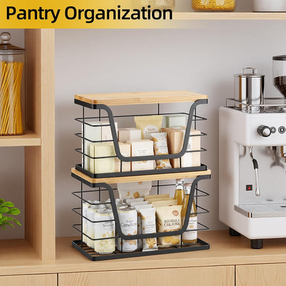 2 Pack Storage Stackable Kitchen Laundry Organizers with Bamboo Top, Large Trash Bag Holder and Small Garbage Bag Dispenser for Countertop Organization