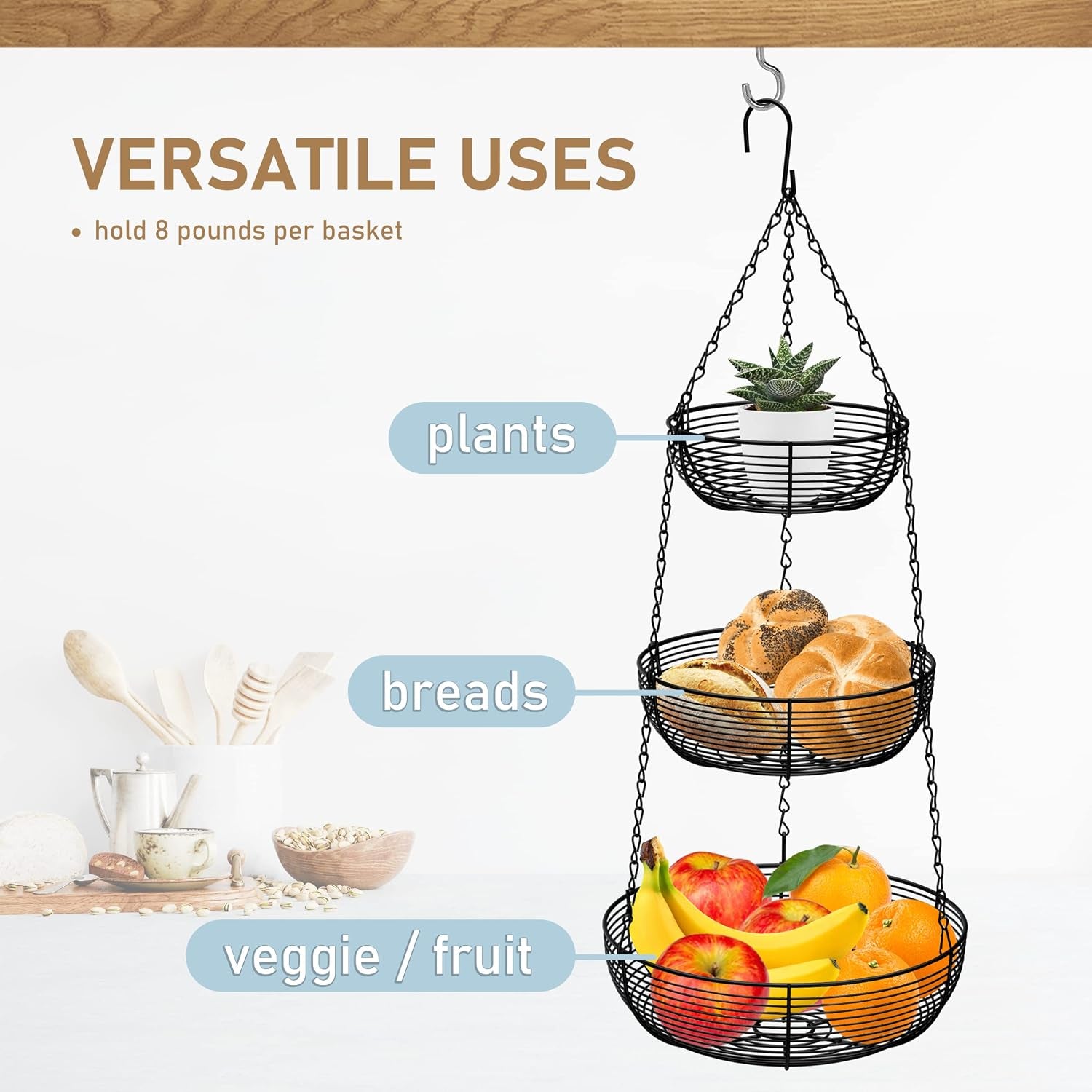 3-Tier Hanging Basket Fruit Organizer Kitchen Heavy Duty Wire Organizer with 2 Free Bonus Metal Ceiling Hooks, Black