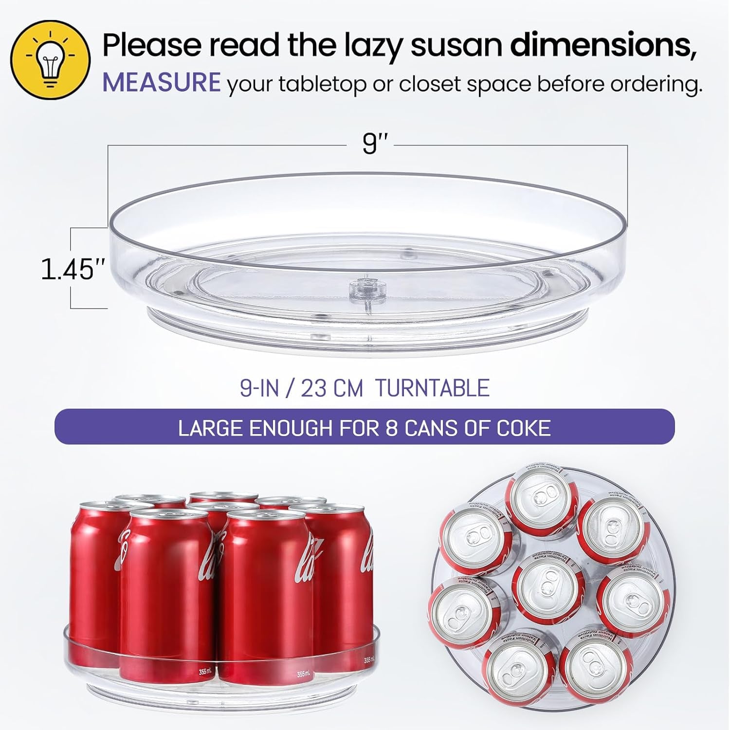 Set of 2 - 9-Inch Clear Acrylic Non-Skid Lazy Susan Turntable Organizers for Kitchen, Pantry, Refrigerator, Vanity, and Bathroom Storage