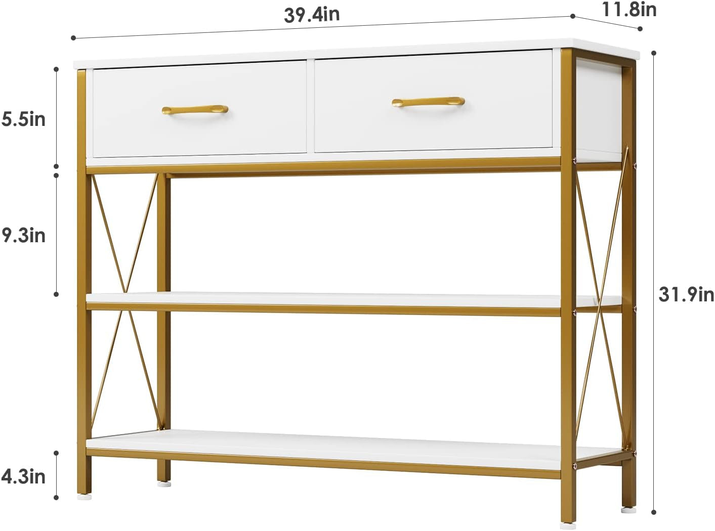 White and Gold Console Table with Storage, Industrial Entryway Table | Narrow Wide Wood Entry Way Table W/ 2-Tier Open Shelves and Drawers, Farmhouse Sofa Foyer Table for Hallway, Living Room
