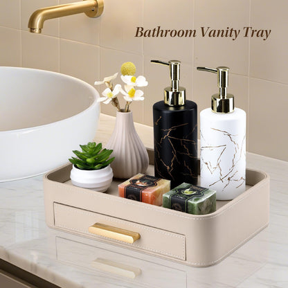 Valet Jewelry Tray Nightstand Organizer with Drawer, PU Leather Perfume Tray Trinket Trays for Vanity Bathroom Entryway, Catchall Trays for Key Purse Watch Cologne, Gift for Women Men, Beige