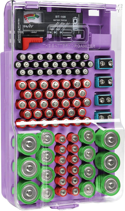 Battery Storage Organizer and Case with Tester, Accommodates 93 Batteries of Various Sizes, Ideal for Garage Organization, Purple