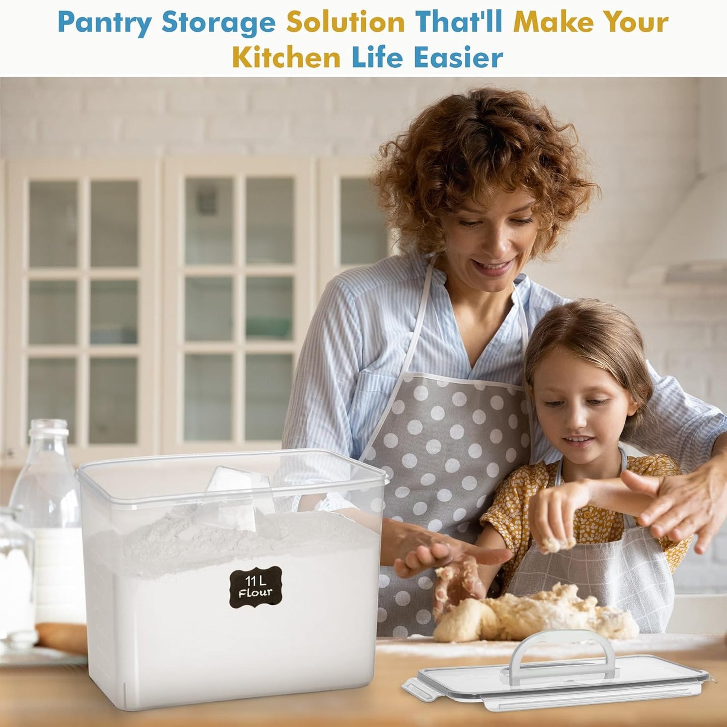 2 PC (11L | 372 Oz) Flour Sugar Storage Containers with Easy Carry Handle - Plastic Extra Large Food Storage Containers with Lids for Rice Cereal, BPA Free & Airtight Kitchen Pantry Organization