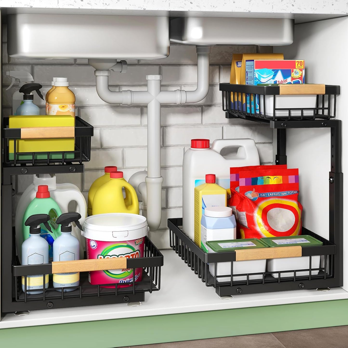 2-Tier Under-Sink Organizer with Sliding Drawers, Metal Cabinet Storage Rack for Kitchen, Bathroom, Pantry, and Closet - Black, Set of 2