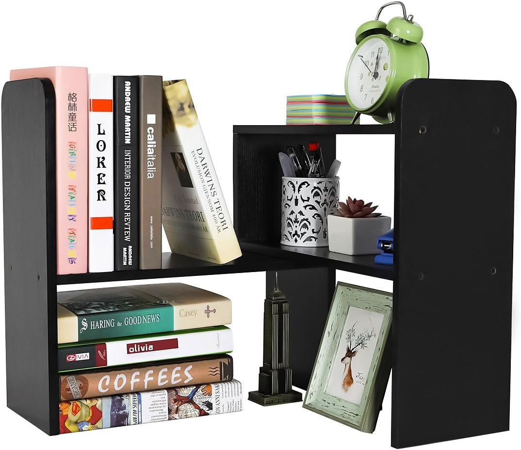 Desk Organizer Desktop Shelf Adjustable Countertop Bookshelf Small Table Shelves Book Organizer Office Organization for Desk, Black