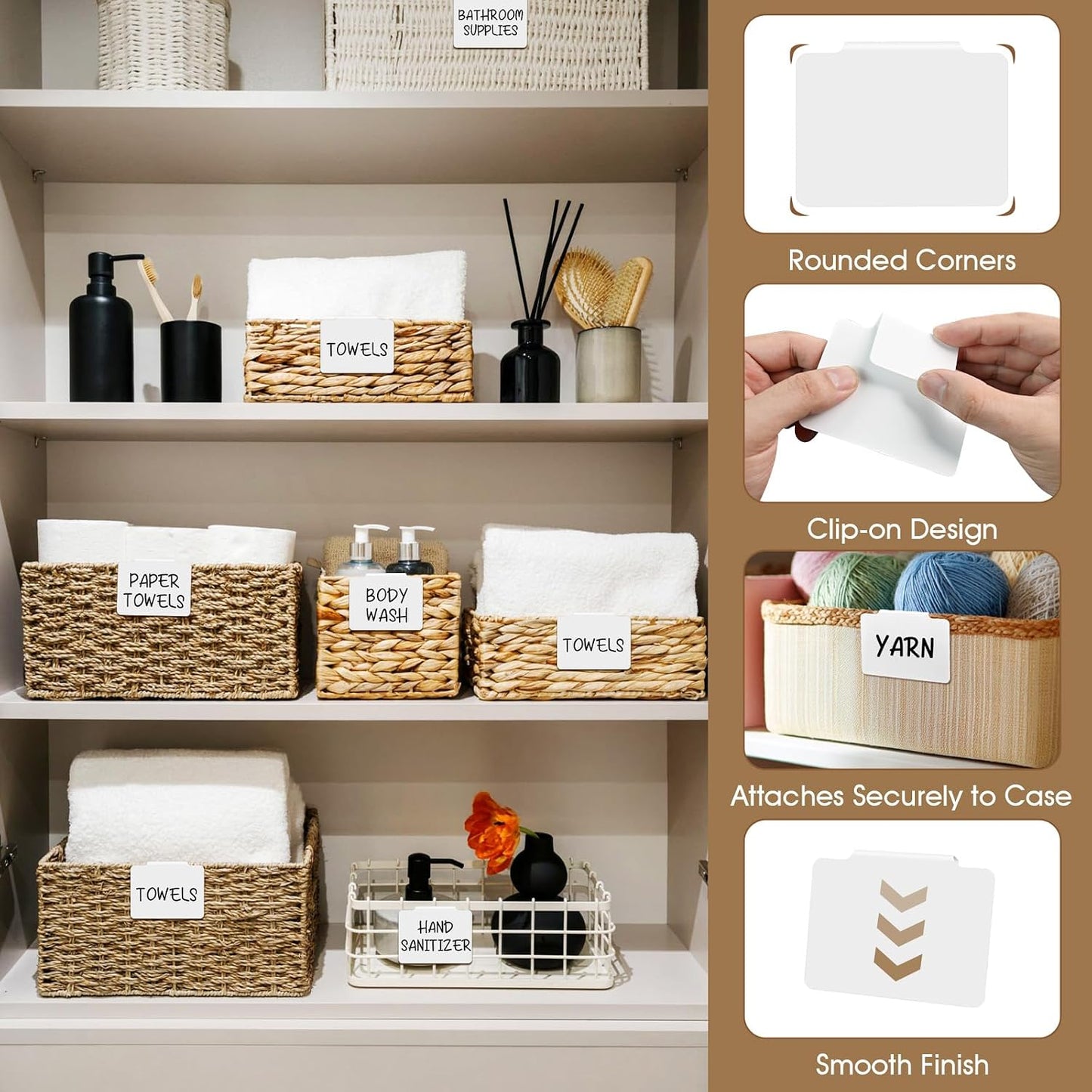12Pcs White Basket Labels Removable PVC Labels | Clip on for Storage Bins, Removable PVC Labels for Baskets with Holders, 3.5X2.7 Inches