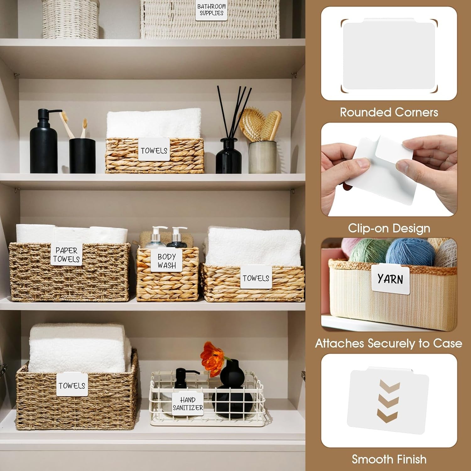 12Pcs White Basket Labels Removable PVC Labels | Clip on for Storage Bins, Removable PVC Labels for Baskets with Holders, 3.5X2.7 Inches