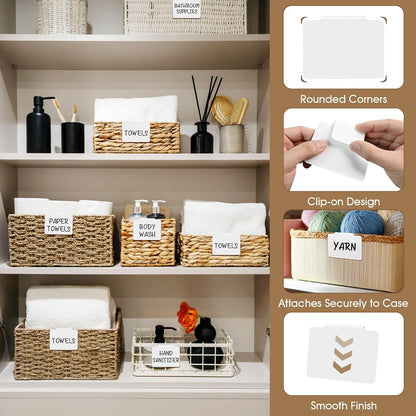 12Pcs White Basket Labels Removable PVC Labels | Clip on for Storage Bins, Removable PVC Labels for Baskets with Holders, 3.5X2.7 Inches