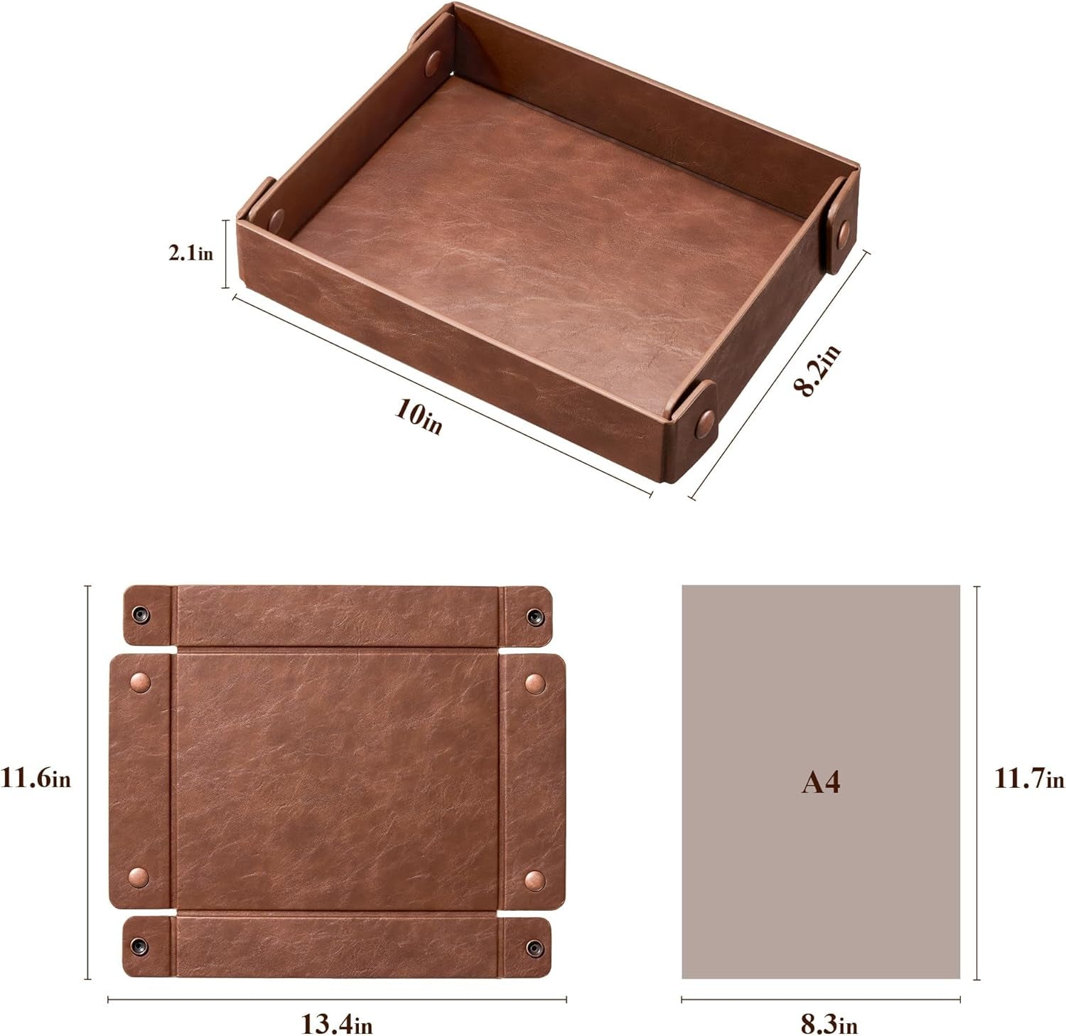 Catch All Valet Tray - EDC Organizer for Key, Wallet, Watch, Jewelry, Phone, Coin Change | Faux Leather Storage Tray for Dresser, Nightstand, Desk, Entryway, Travel Storage | Brown