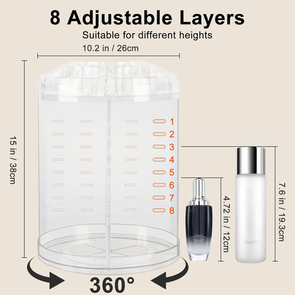360-Degree Rotating Adjustable Makeup Organizer with 8 Layers for Cosmetics, Brushes, and Lipsticks - Clear Storage Display Case