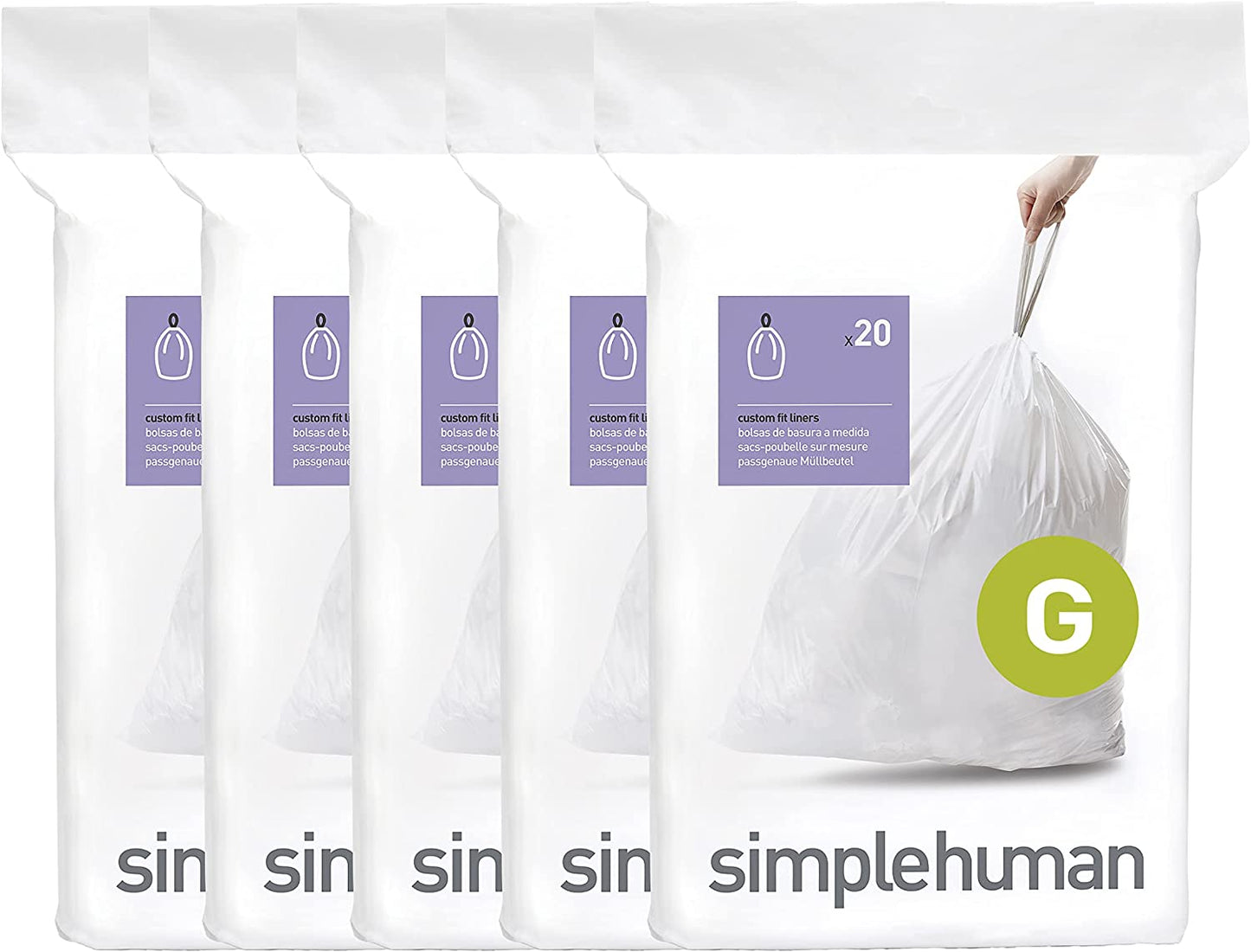 Simplehuman Code G 100 Count Custom Fit Liners, Drawstring Kitchen Trash Bags, One-By-One Mess-Free Dispense, Extra Thick & Double Seamed, 50% PCR Plastic, 30 Liter / 8 Gallon, White
