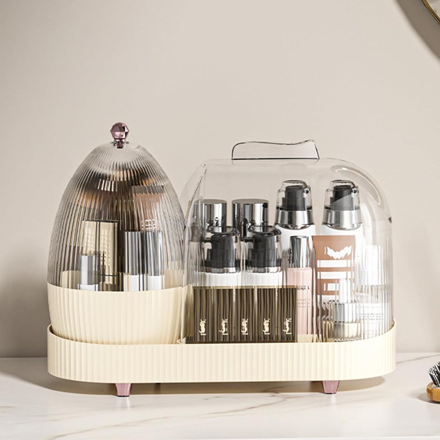 Rotating Vanity Makeup Organizer with Brush Holder and Cosmetic Storage for Lotions, Large Spinning Skincare Organizer (15x11 inches)