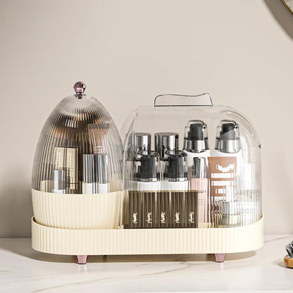 Rotating Vanity Makeup Organizer with Brush Holder and Cosmetic Storage for Lotions, Large Spinning Skincare Organizer (15x11 inches)
