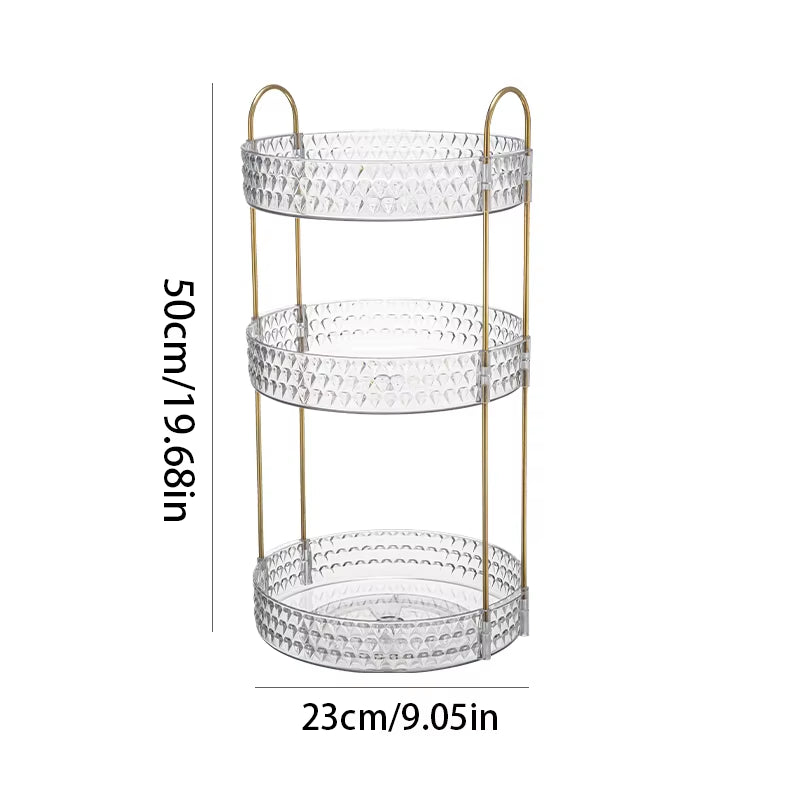 360° Rotating 3-Tier Transparent Cosmetic Organizer with Diamond Pattern for Bathroom Vanity and Countertop