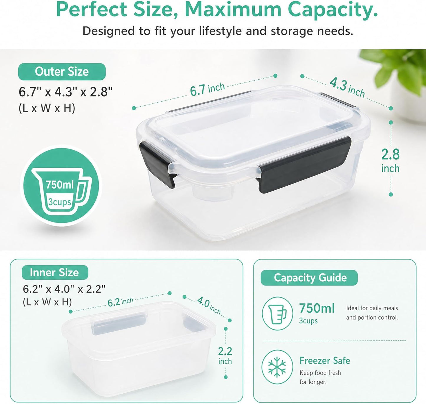 3Cup Plastic Food Storage Containers with Lids for Portion Control,5Pk | BPA Free,Stackable and Nestable,Snaplock Lid ,Freezer Dishwasher Microwave Safe