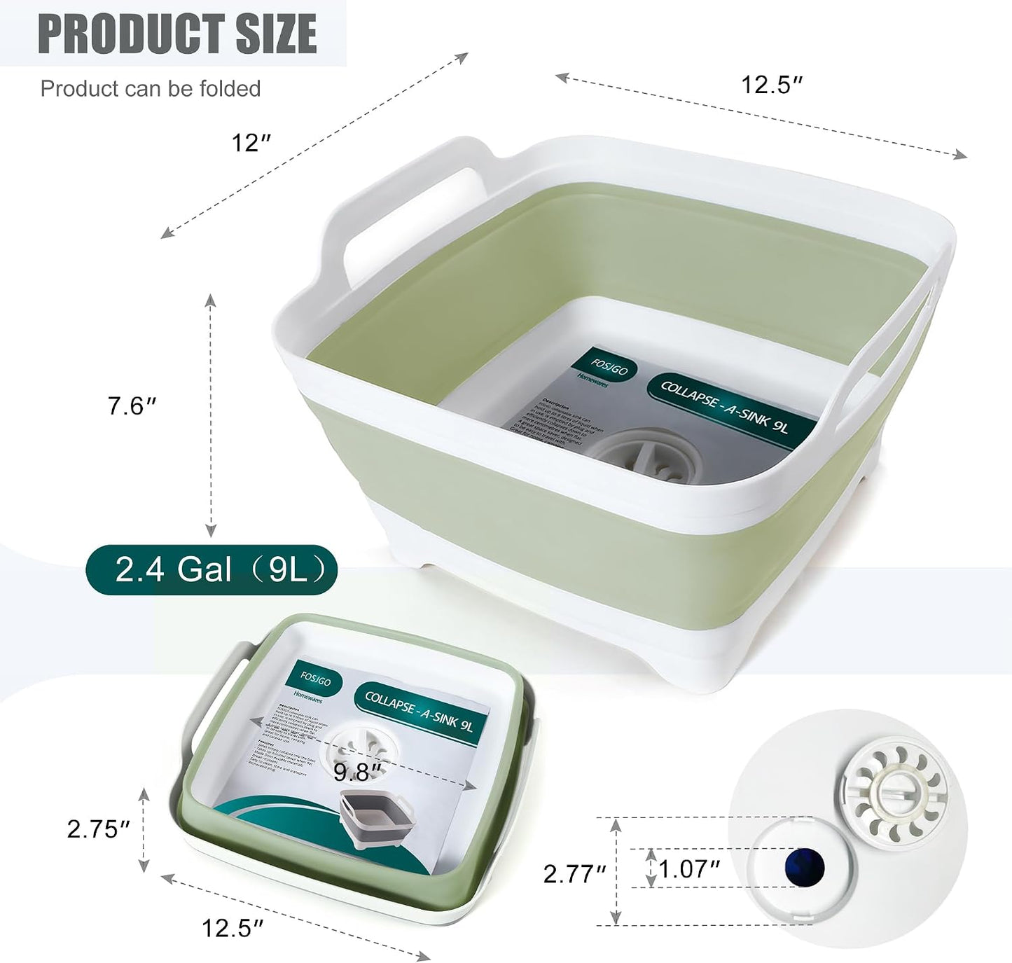 Collapsible Dish Basin with Drain Plug, Foldable Sink, 2.4 Gal (9L) | Space-Saving Wash Basin for Kitchen, Baby Bottles, Vegetable Washing, Camping, RV and Party Beverage Tubs