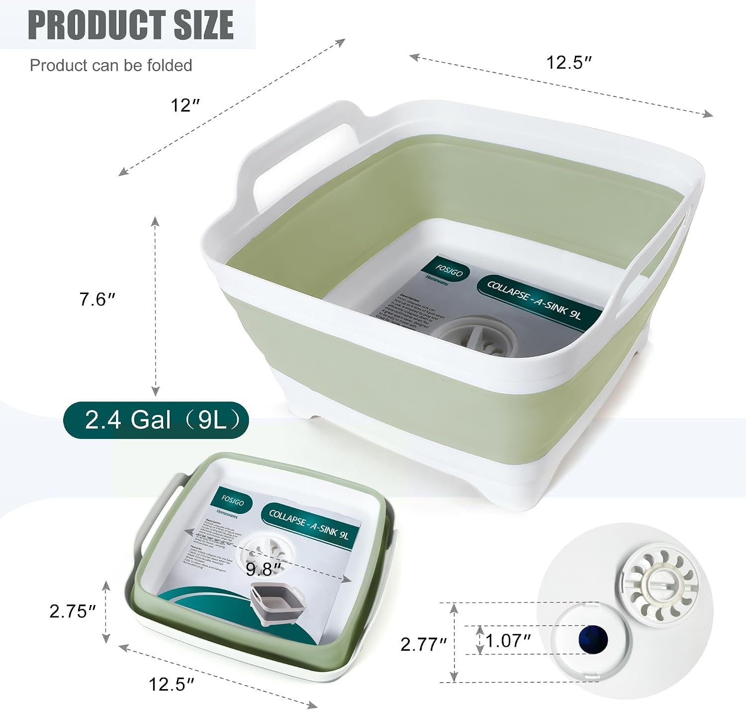 Collapsible Dish Basin with Drain Plug, Foldable Sink, 2.4 Gal (9L) | Space-Saving Wash Basin for Kitchen, Baby Bottles, Vegetable Washing, Camping, RV and Party Beverage Tubs