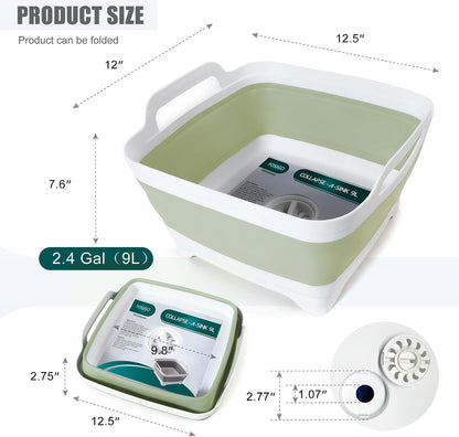 Collapsible Dish Basin with Drain Plug, Foldable Sink, 2.4 Gal (9L) | Space-Saving Wash Basin for Kitchen, Baby Bottles, Vegetable Washing, Camping, RV and Party Beverage Tubs