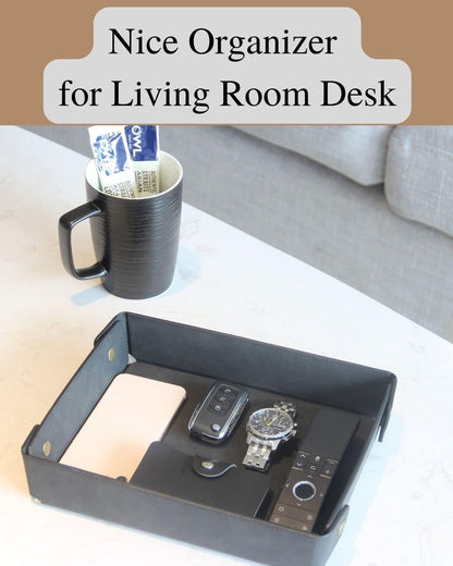 Faux Leather Valet Tray Organizer for Men - Catch-All Tray for Entryway Table Key, Wallet, Watch, Coin Change, Phone, Dresser EDC Dump Jewelry, Bedside Nightstand Desk-Top