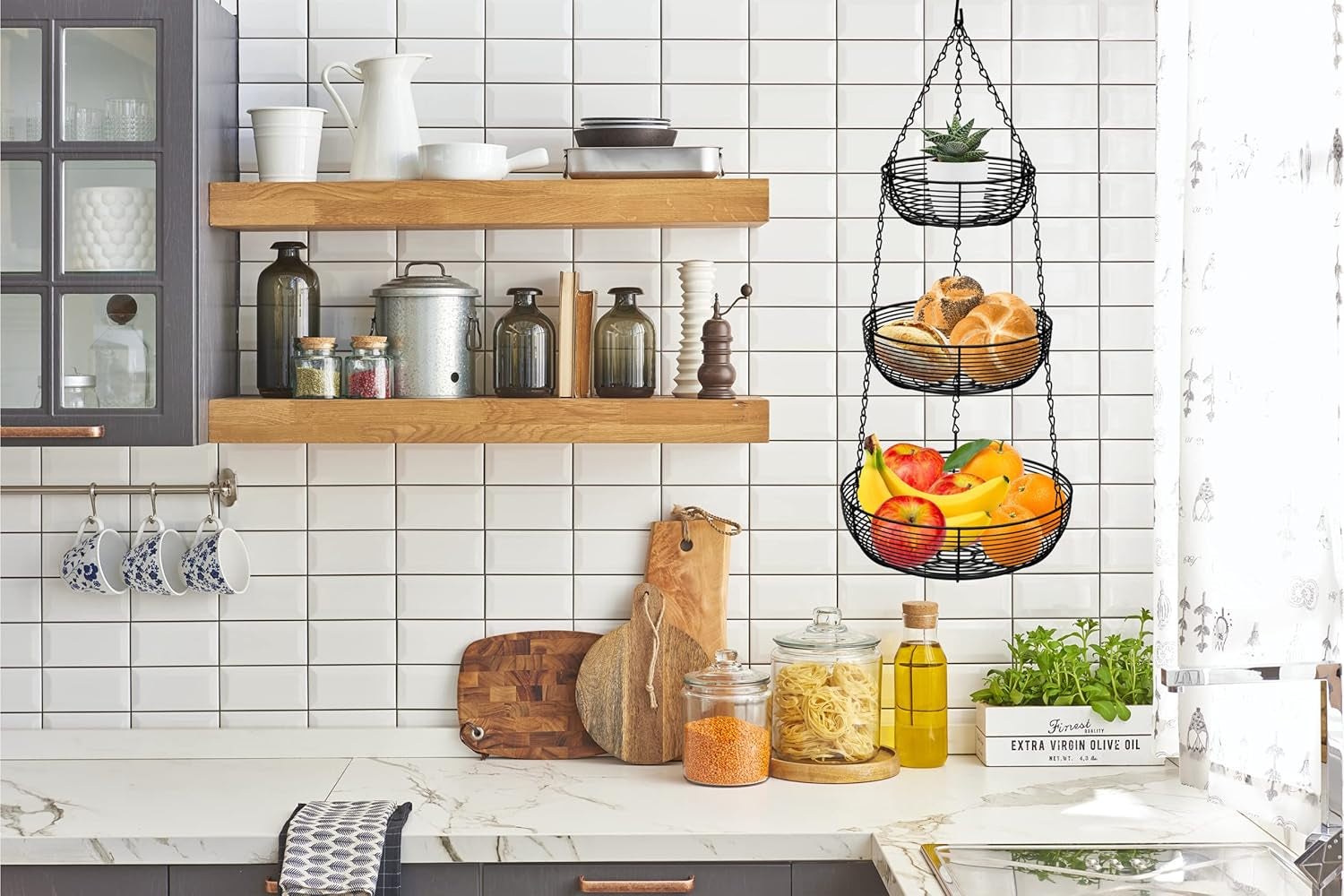 3-Tier Hanging Basket Fruit Organizer Kitchen Heavy Duty Wire Organizer with 2 Free Bonus Metal Ceiling Hooks, Black