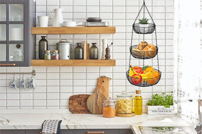 3-Tier Hanging Basket Fruit Organizer Kitchen Heavy Duty Wire Organizer with 2 Free Bonus Metal Ceiling Hooks, Black