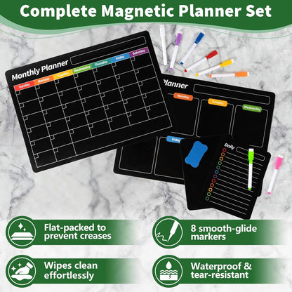 4 Pack Fridge Calendar, Magnetic Calendar for Dry Erase, Black | Magnetic Dry Erase Board, Monthly Calendar for Fridge with 8 Markers & Eraser