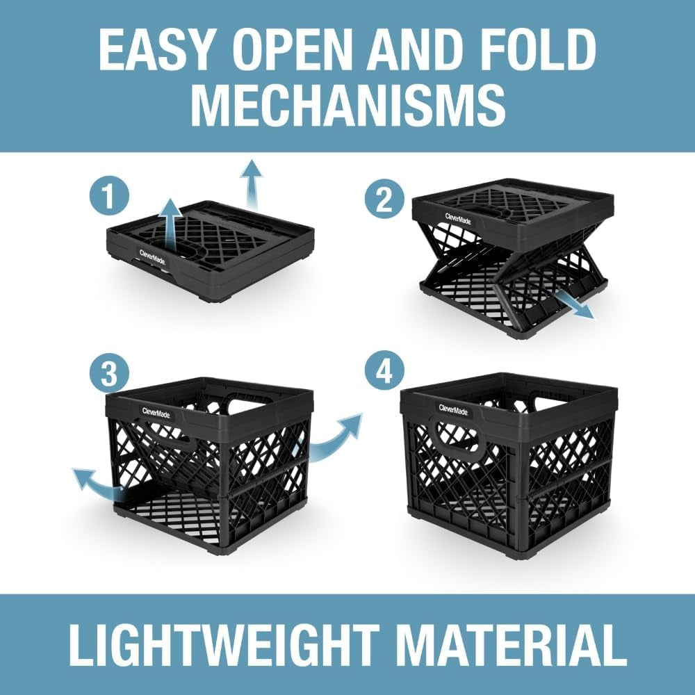 Collapsible Milk Crate, 25L Storage Crate, Holds 50 Lb, Obsidian | Organize Files, Groceries, and Gear in One Crate | Built-In Rails Hold Letter Folders, While the Frame Stacks Securely