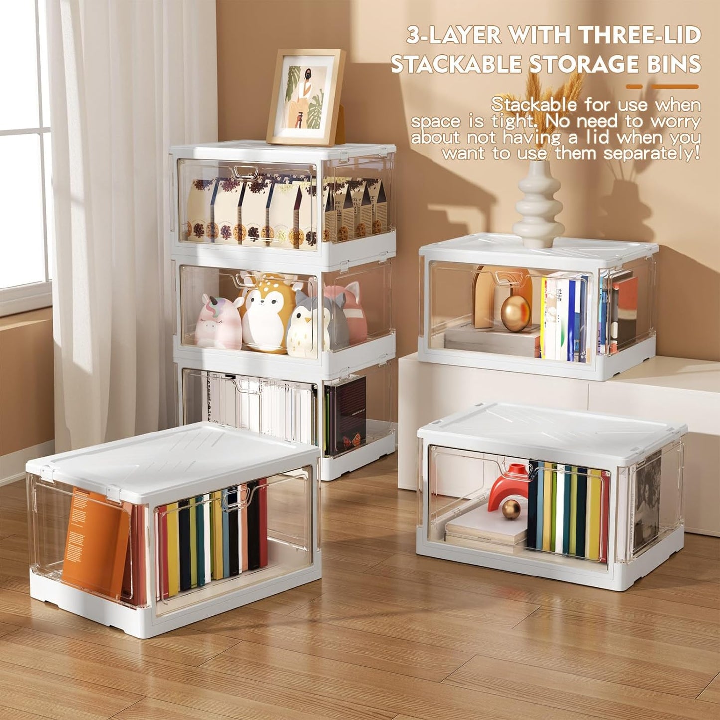 Clear Storage Bin Set with Lids - 3 Pack, Stackable and Durable Plastic Folding Bins for Bedroom, Living Room, and Study, 23 QT Capacity with Magnetic Closure