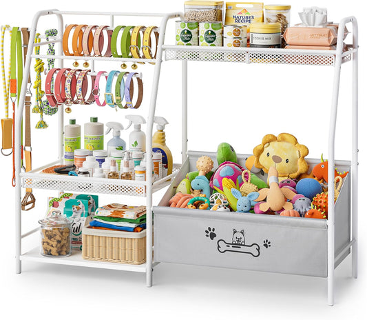Large Dog Toy Basket with Dog Storage Organizer, Trapezoid Dogs Toy Bin Box with Collar Leash Holder Hook, Toy Holder Chest Pet Storage Cabinet for Living Room, Dogs Essentials for Pet Lovers Gift