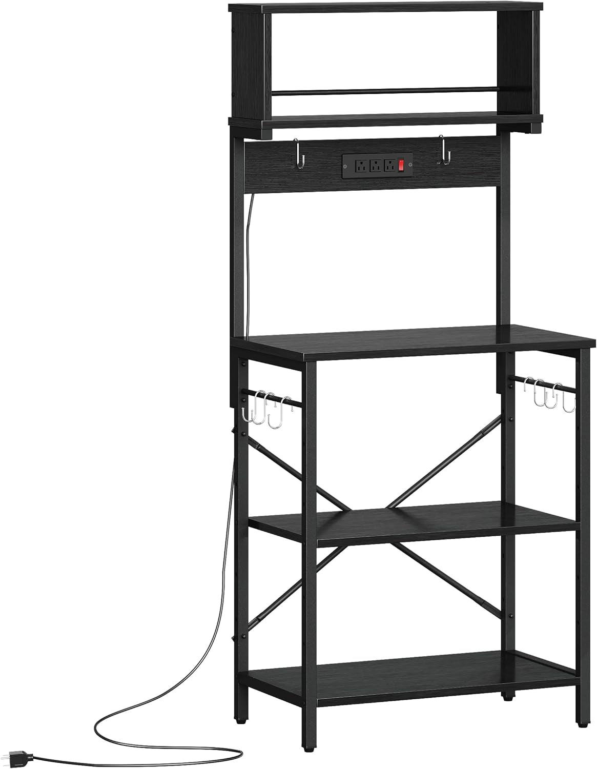 Bakers Rack with Power Outlet, Coffee Bar Table with Storage 5 Tiers, Standing Microwave Stand with 8 S-Shaped Hooks, Kitchen Storage Shelf Rack for Spices | Standing Microwave Stand with 8 S-Shaped Hooks, Kitchen Storage Shelf Rack for Spices