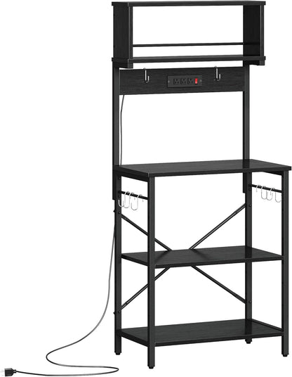 Bakers Rack with Power Outlet, Coffee Bar Table with Storage 5 Tiers, Standing Microwave Stand with 8 S-Shaped Hooks, Kitchen Storage Shelf Rack for Spices | Standing Microwave Stand with 8 S-Shaped Hooks, Kitchen Storage Shelf Rack for Spices