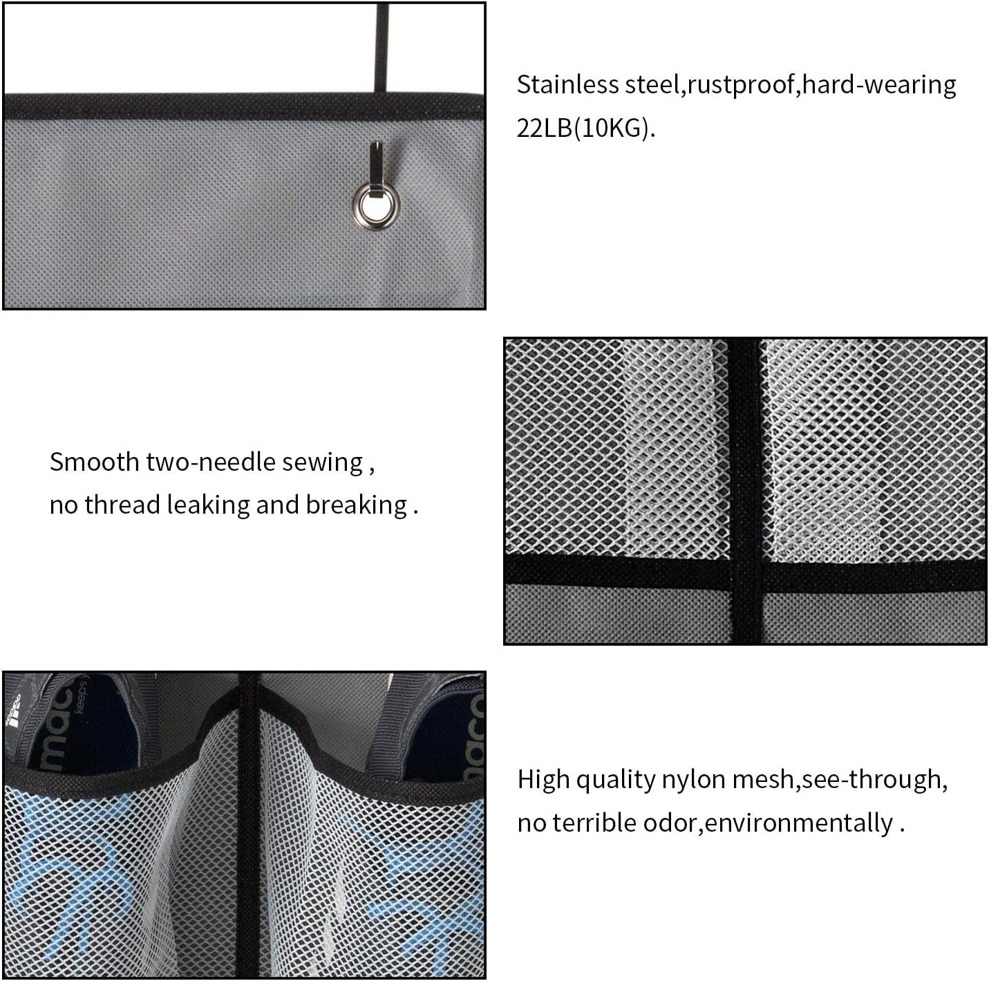 over the Door Shoe Organizer 2 Pack,Mesh Pockets Hanging Shoe Rack over the Door,Shoe Storage Closet with 4 Hooks,Washable and Breathable Fabic,Large Size 57.5×12.6Inch(Grey)