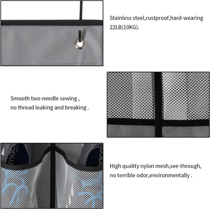 over the Door Shoe Organizer 2 Pack,Mesh Pockets Hanging Shoe Rack over the Door,Shoe Storage Closet with 4 Hooks,Washable and Breathable Fabic,Large Size 57.5×12.6Inch(Grey)