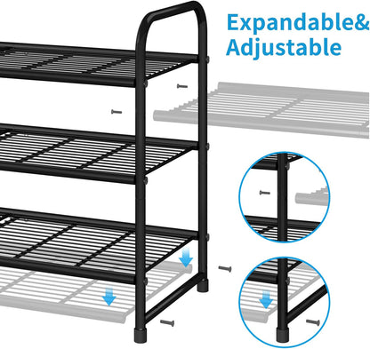 3-Tier Stackable Shoe Rack, Expandable & Adjustable Shoe Shelf Storage Organizer, Wire Grid, Black