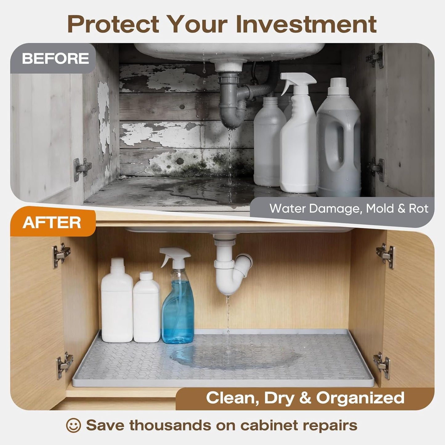 Waterproof under Sink Mat, 34"X22", Drip Tray Shelf Liner, Grey | Silicone, Cabinet Protector, Home Organizer, for Kitchen, Bathroom, Multipurpose, Easy Clean, Leak Proof, Organizes Cabinets