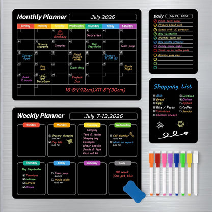 4 Pack Fridge Calendar, Magnetic Calendar for Dry Erase, Black | Magnetic Dry Erase Board, Monthly Calendar for Fridge with 8 Markers & Eraser