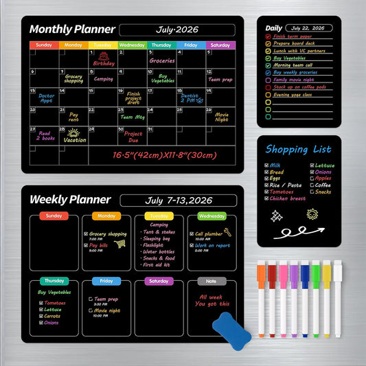 4 Pack Fridge Calendar, Magnetic Calendar for Dry Erase, Black | Magnetic Dry Erase Board, Monthly Calendar for Fridge with 8 Markers & Eraser