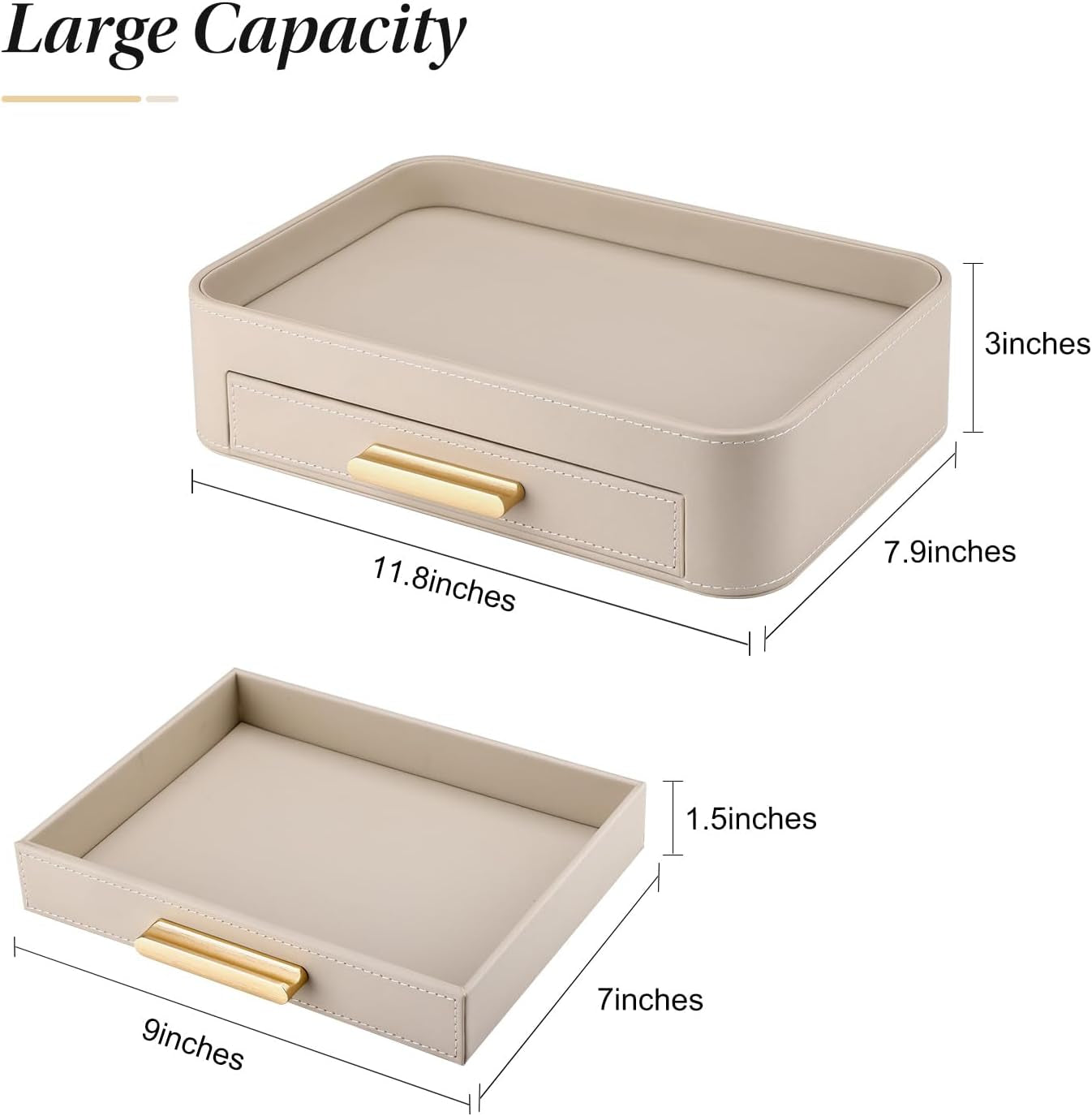 Valet Jewelry Tray Nightstand Organizer with Drawer, PU Leather Perfume Tray Trinket Trays for Vanity Bathroom Entryway, Catchall Trays for Key Purse Watch Cologne, Gift for Women Men, Beige