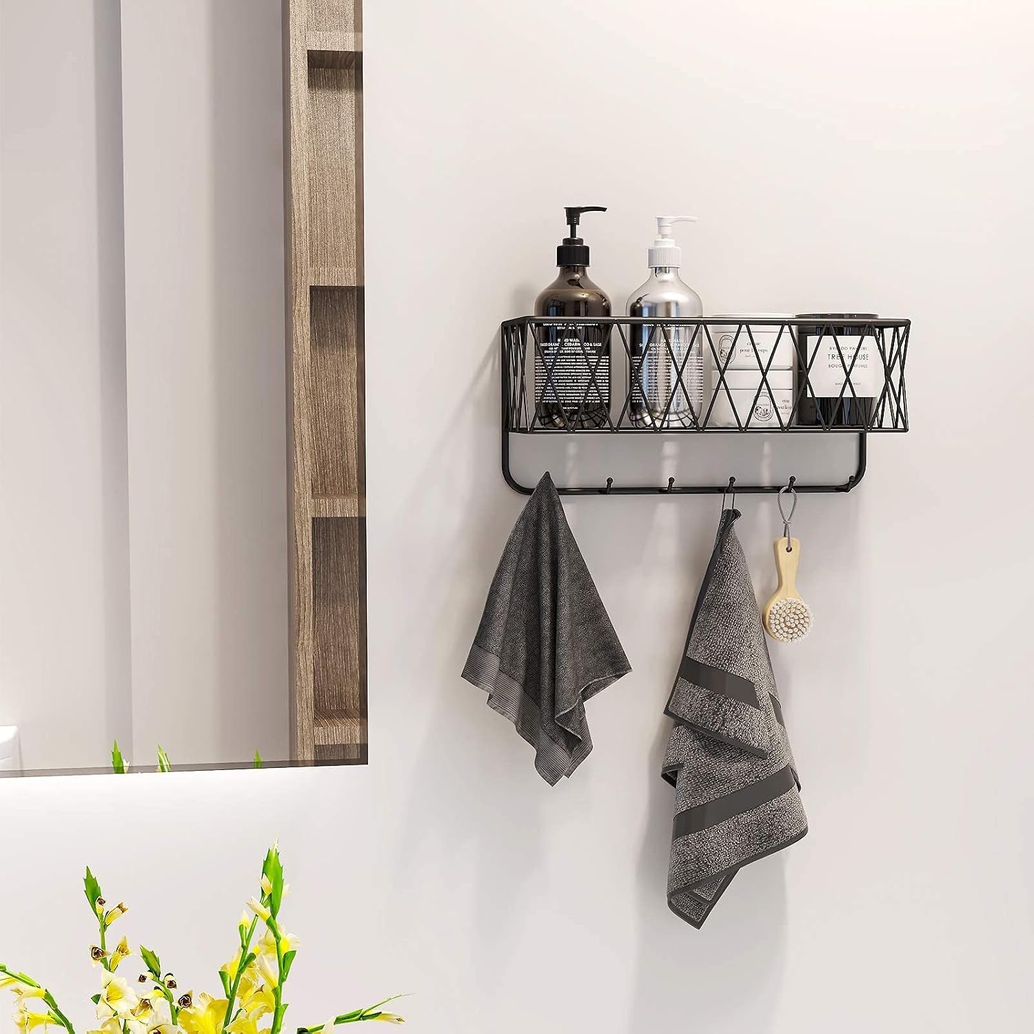 Entryway Mail Holder with Key Hooks, 14" L×4.7" W×6.5" H, Wall Mounted Matte Black Metal Wire Mesh Storage Basket with 6 Hooks, Easy to Organize Letters, Magazines, Keys, Leashes for Entryway
