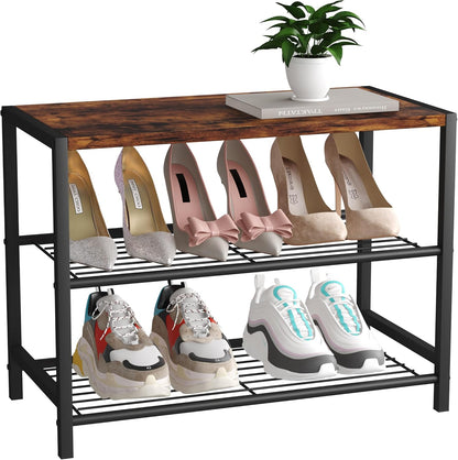 3-Tier Shoe Rack, Shoe Storage Shelf, Industrial Shoe Tower, Narrow Shoe Organizer for Closet Entryway, Small Shoe Rack Table with Durable Metal Shelves, Rustic Brown