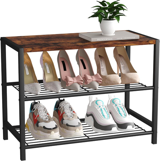 3-Tier Shoe Rack, Shoe Storage Shelf, Industrial Shoe Tower, Narrow Shoe Organizer for Closet Entryway, Small Shoe Rack Table with Durable Metal Shelves, Rustic Brown