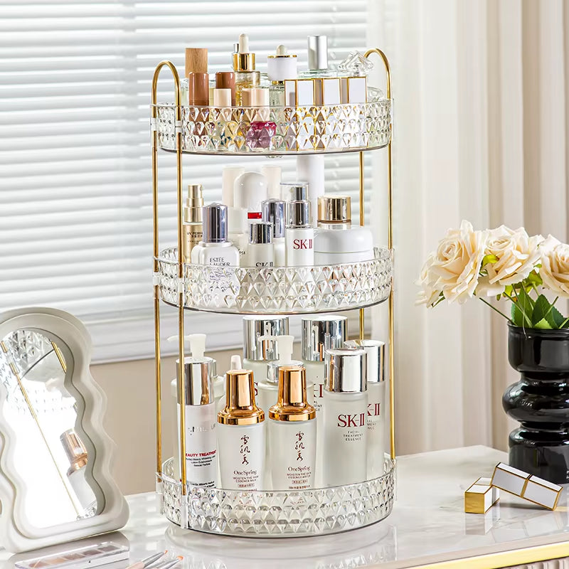 360° Rotating 3-Tier Transparent Cosmetic Organizer with Diamond Pattern for Bathroom Vanity and Countertop
